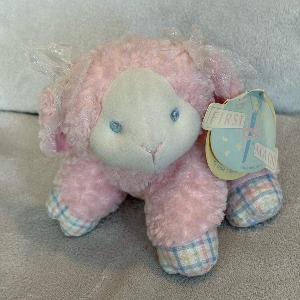 First & Main Bambino Lambino Pink Lamb Sheep Rattle Plush Plaid Feet W Tags 6”